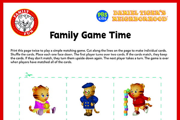 Printable matching game with cards that have Daniel Tiger characters on them.