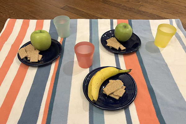 Three place settings on the ground on a picnic blanket.