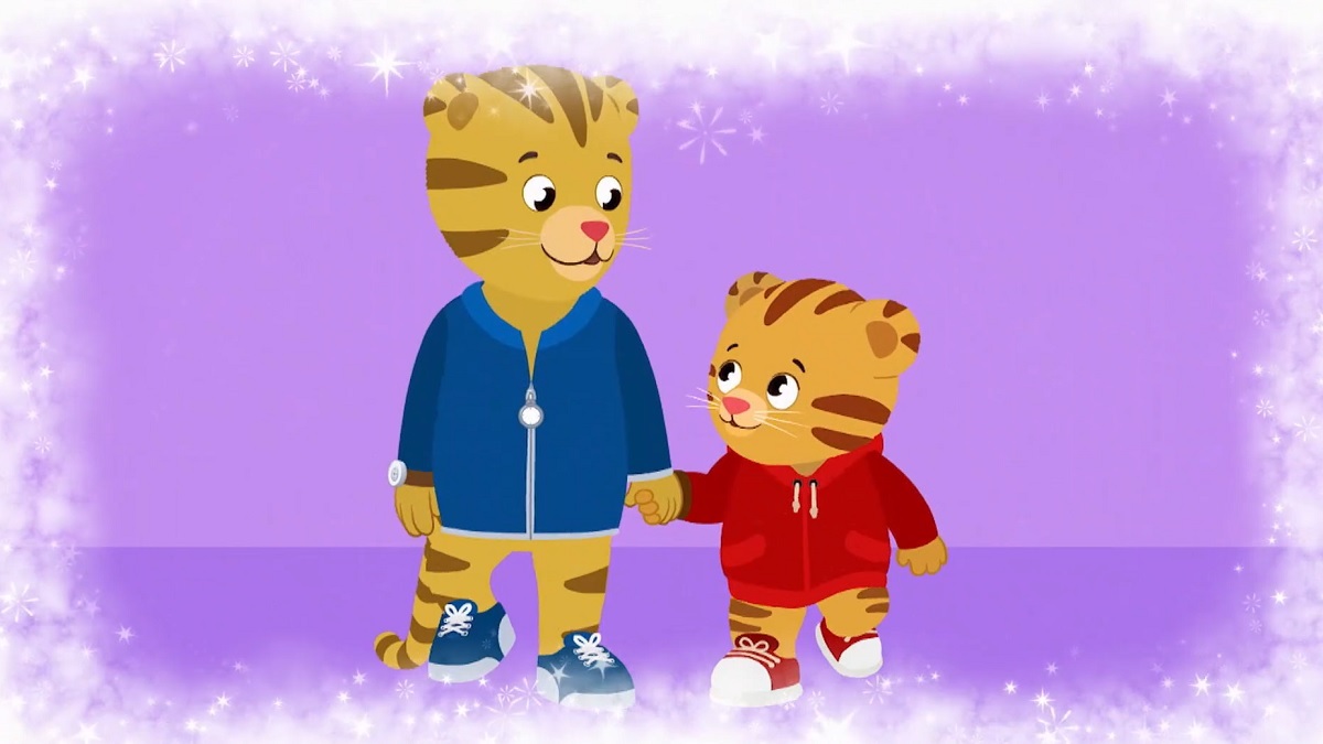 Daniel Tiger and Dad Tiger taking a walk.