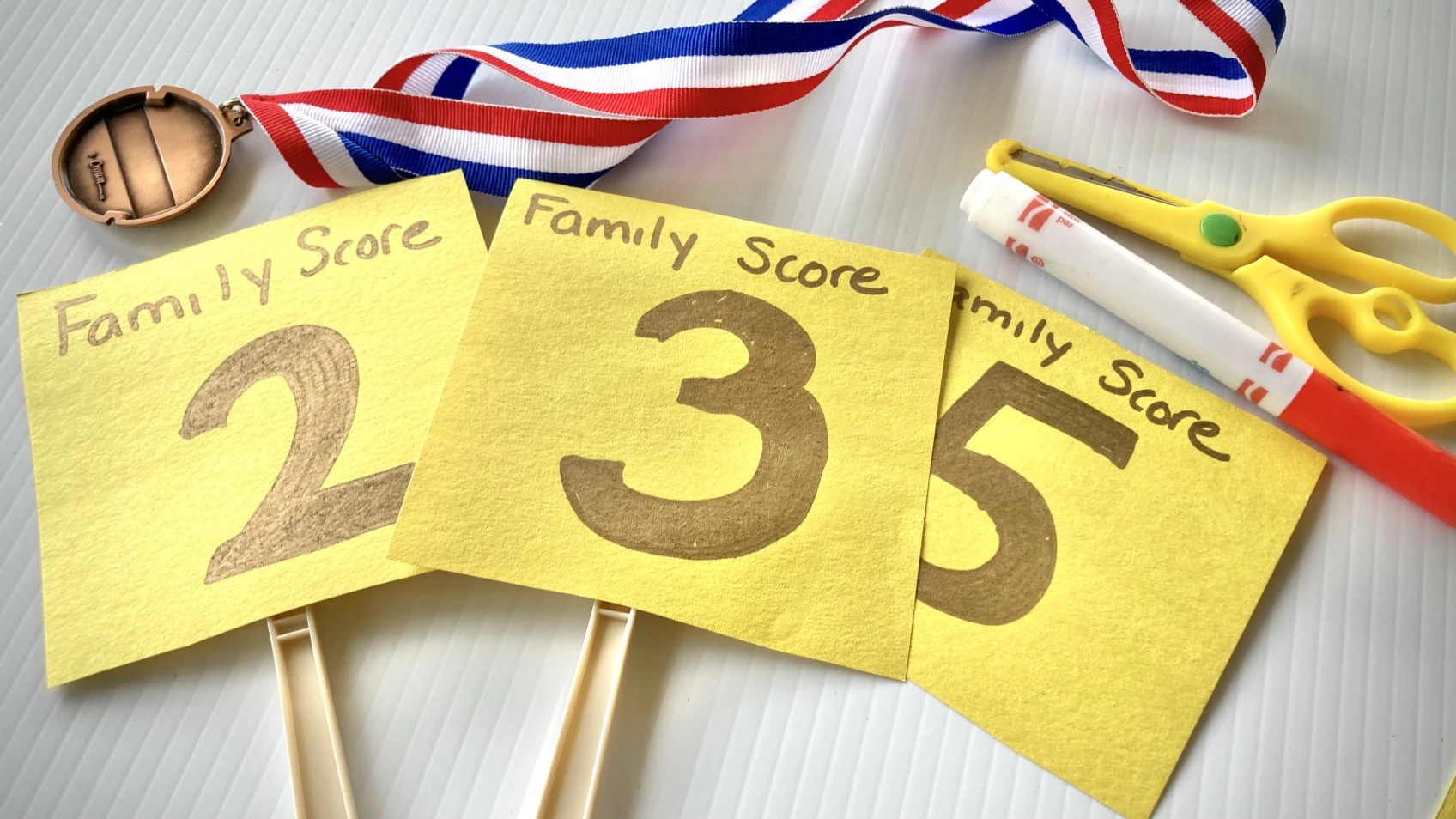 Family score cards with the numbers 2, 3, and 5.